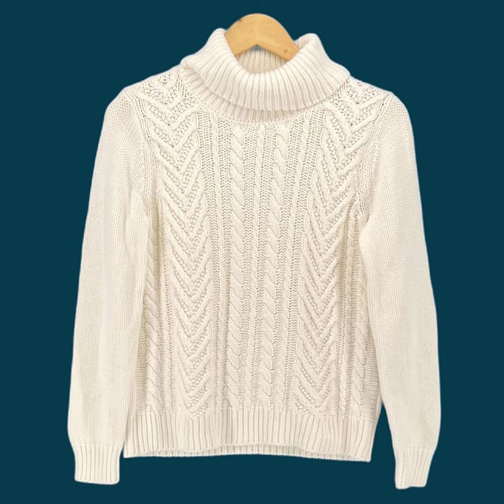 Lands' End Drifter 100% Cotton Cable Knit Sweater Cream Womens Sz M Petite